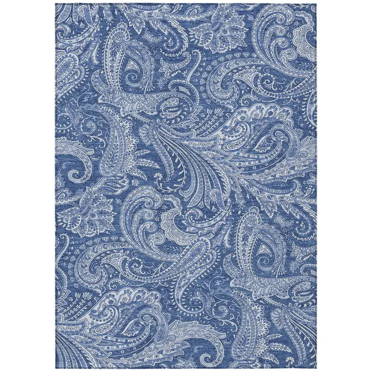 8' X 10' Navy Blue And Denim Blue Paisley Washable Indoor Outdoor Area Rug