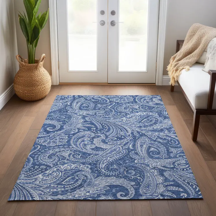 8' X 10' Navy Blue And Denim Blue Paisley Washable Indoor Outdoor Area Rug
