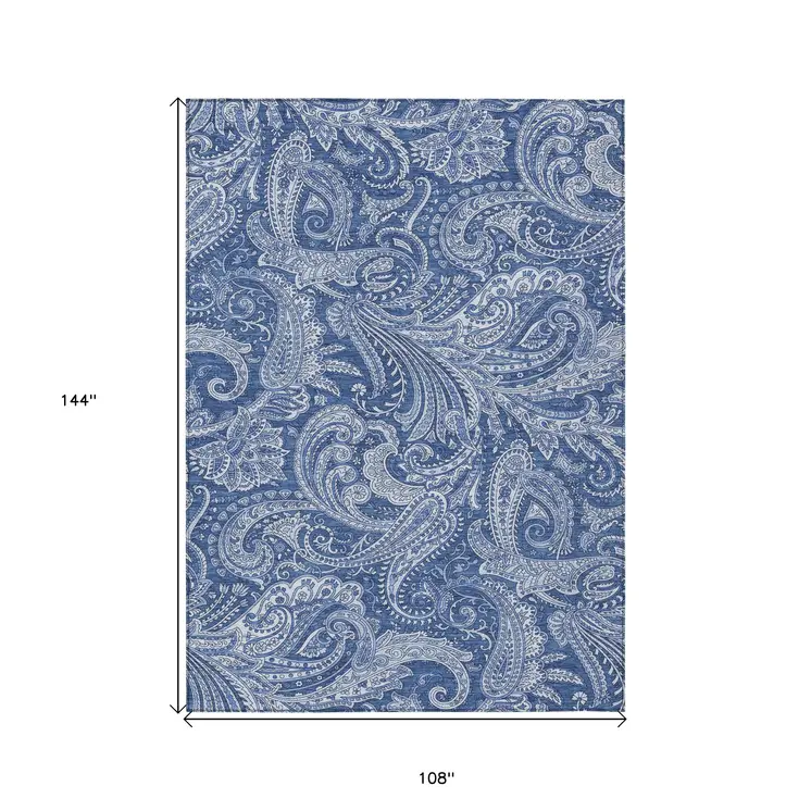9' X 12' Navy Blue And Denim Blue Paisley Washable Indoor Outdoor Area Rug