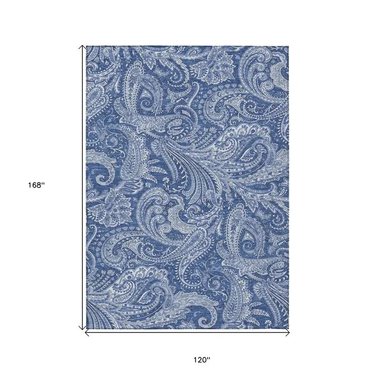 10' X 14' Navy Blue And Denim Blue Paisley Washable Indoor Outdoor Area Rug