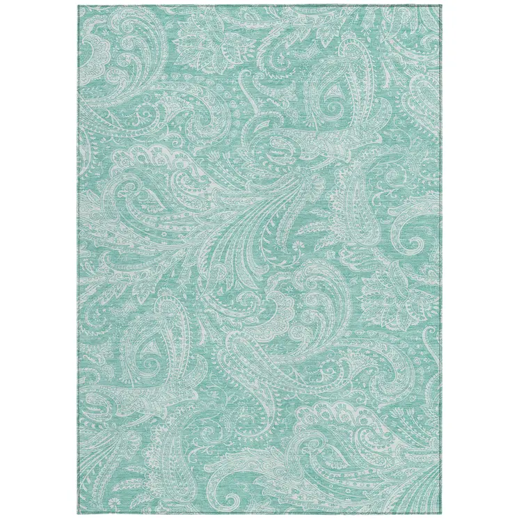 3' X 5' Teal Blue And Ivory Paisley Washable Indoor Outdoor Area Rug