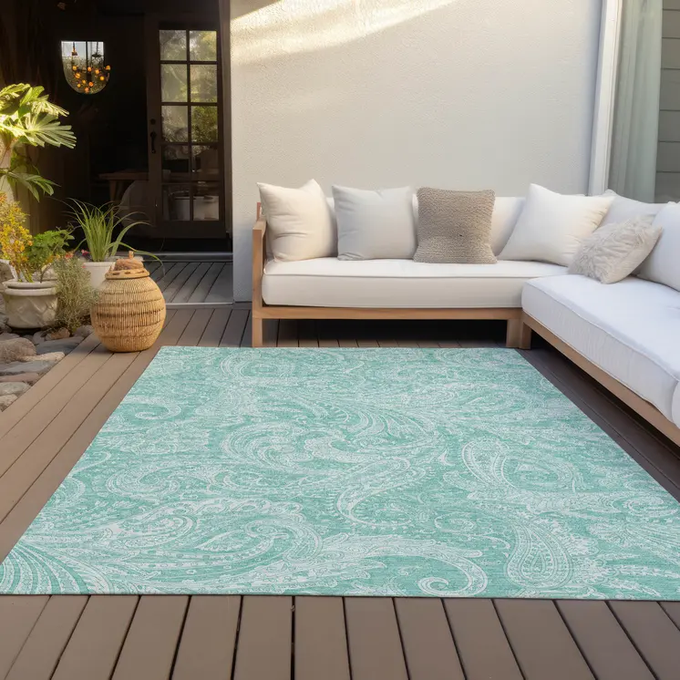 5' X 8' Teal Blue And Ivory Paisley Washable Indoor Outdoor Area Rug