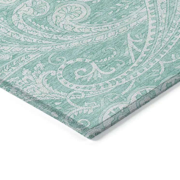 5' X 8' Teal Blue And Ivory Paisley Washable Indoor Outdoor Area Rug