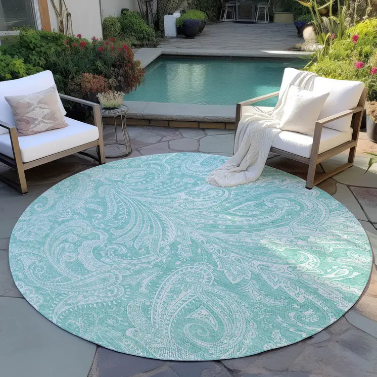 8' Teal Blue And Ivory Round Paisley Washable Indoor Outdoor Area Rug