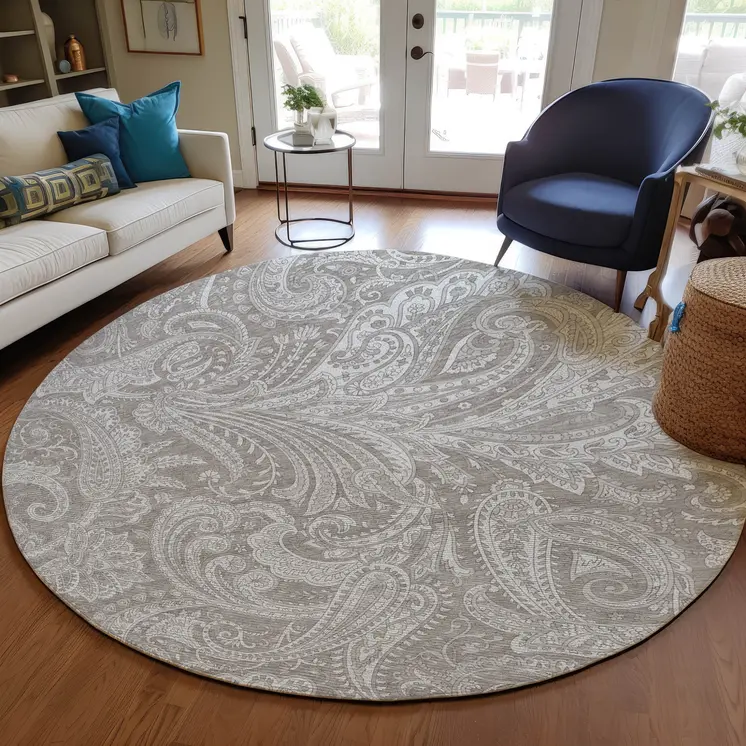 8' Taupe Beige And Ivory Round Paisley Washable Indoor Outdoor Area Rug