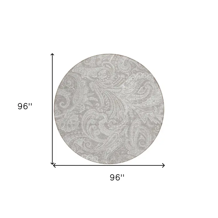8' Taupe Beige And Ivory Round Paisley Washable Indoor Outdoor Area Rug