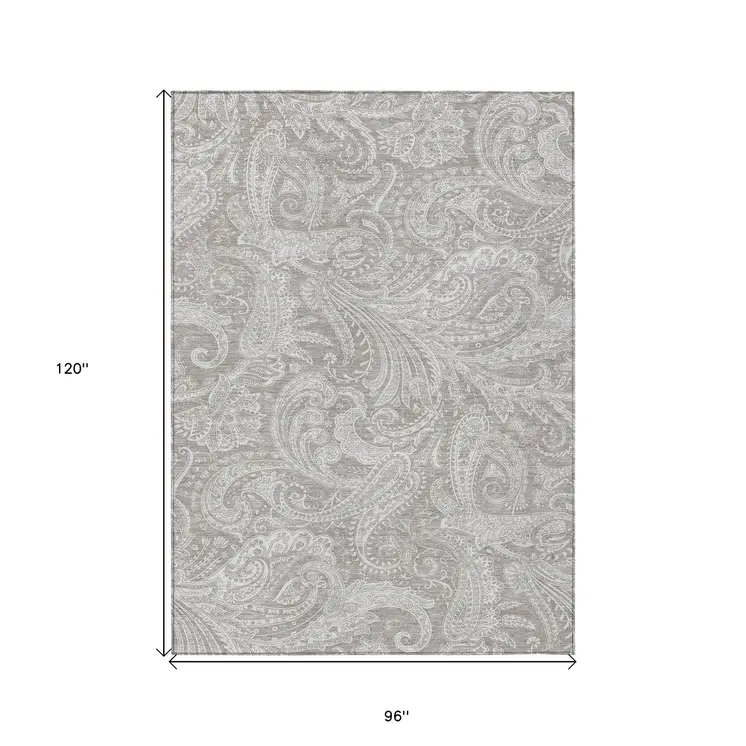 8' X 10' Taupe Beige And Ivory Paisley Washable Indoor Outdoor Area Rug