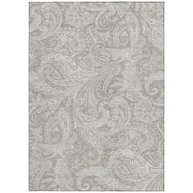 9' X 12' Taupe Beige And Ivory Paisley Washable Indoor Outdoor Area Rug