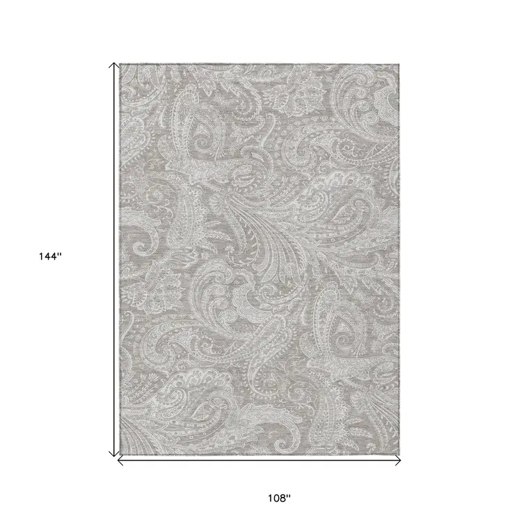 9' X 12' Taupe Beige And Ivory Paisley Washable Indoor Outdoor Area Rug