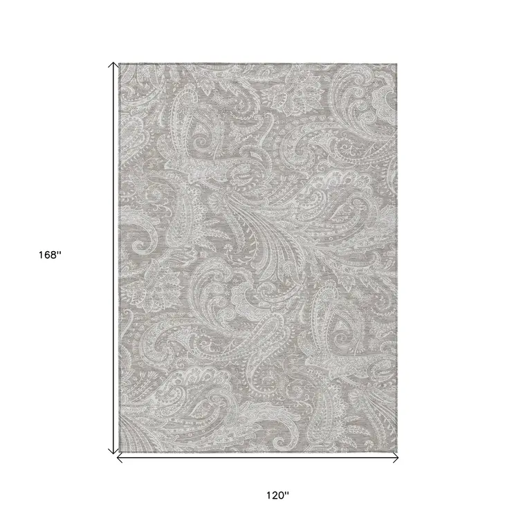 10' X 14' Taupe Beige And Ivory Paisley Washable Indoor Outdoor Area Rug