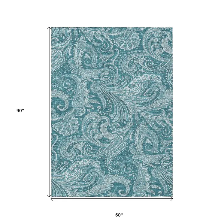 5' X 8' Turquoise And Ivory Paisley Washable Indoor Outdoor Area Rug