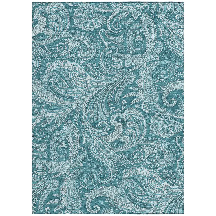 5' X 8' Turquoise And Ivory Paisley Washable Indoor Outdoor Area Rug