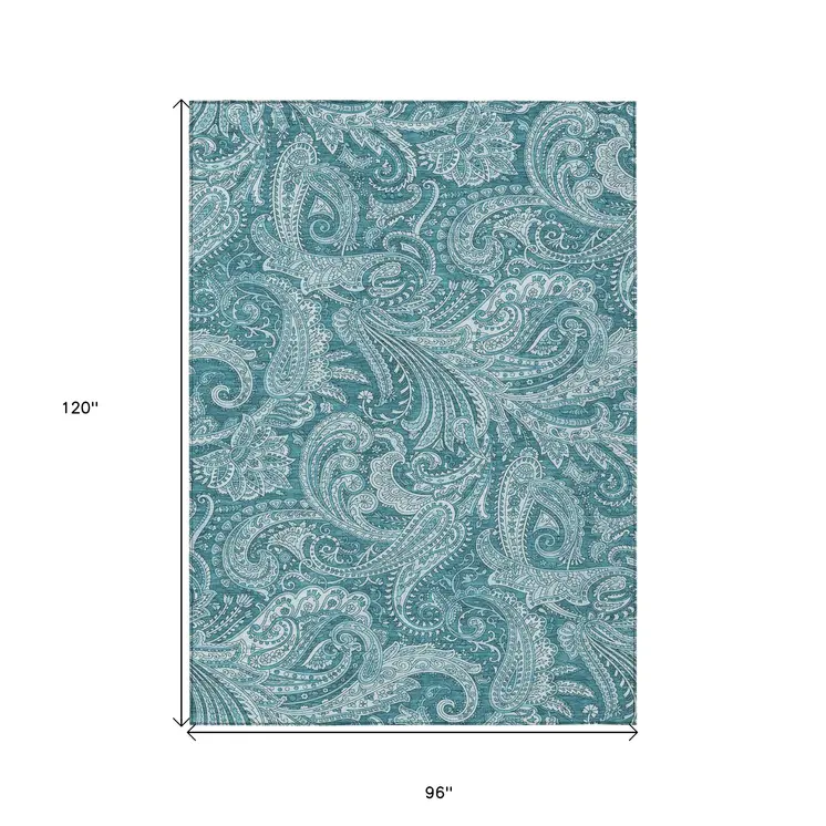 8' X 10' Turquoise And Ivory Paisley Washable Indoor Outdoor Area Rug
