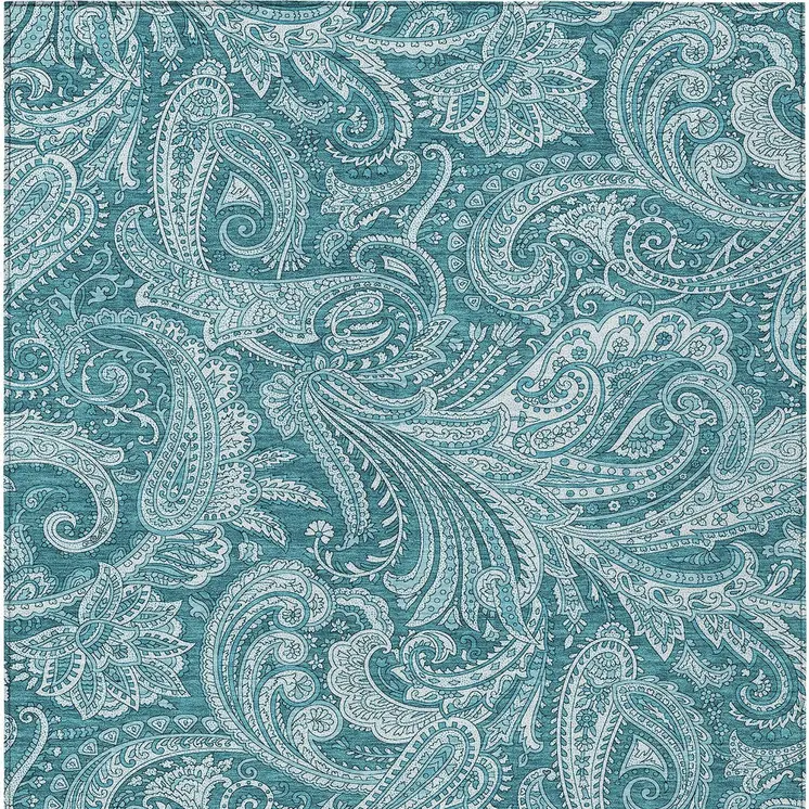 9' X 12' Turquoise And Ivory Paisley Washable Indoor Outdoor Area Rug