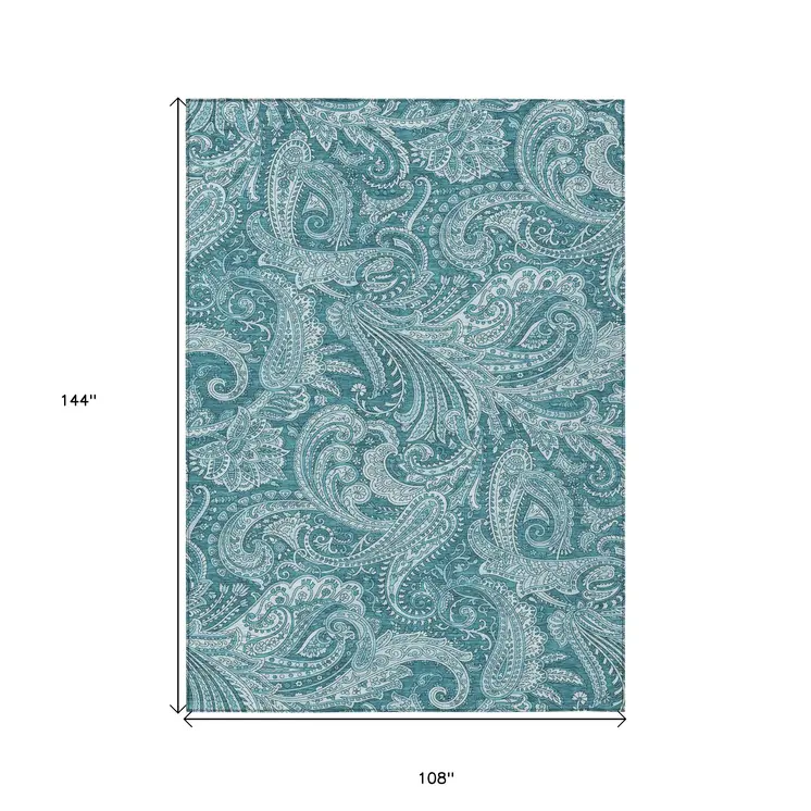 9' X 12' Turquoise And Ivory Paisley Washable Indoor Outdoor Area Rug
