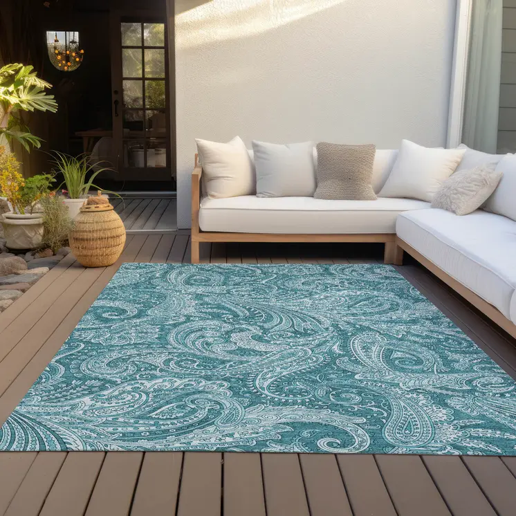 9' X 12' Turquoise And Ivory Paisley Washable Indoor Outdoor Area Rug