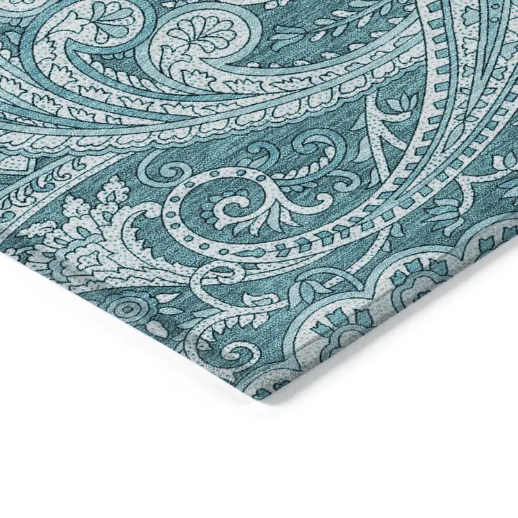 9' X 12' Turquoise And Ivory Paisley Washable Indoor Outdoor Area Rug