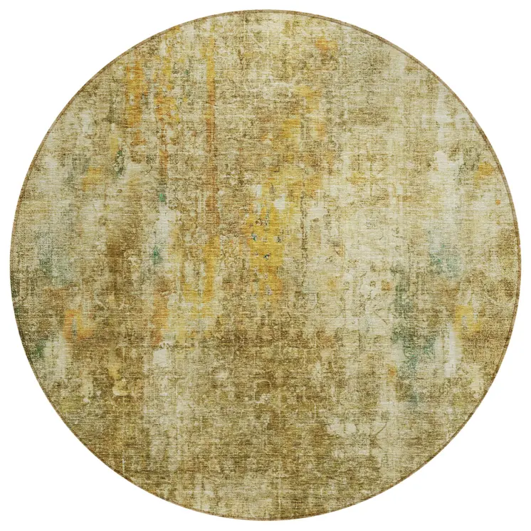 8' Brown Beige And Gold Round Abstract Washable Indoor Outdoor Area Rug