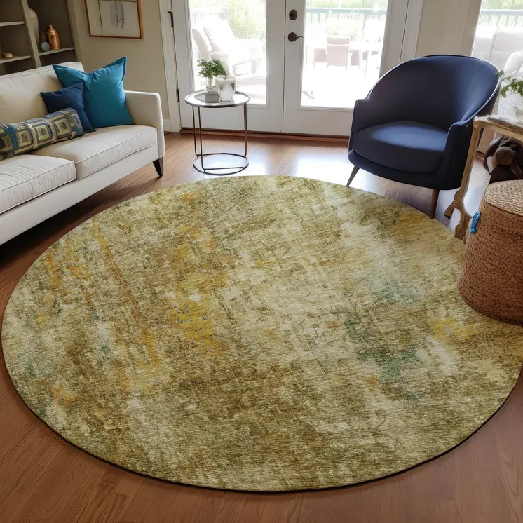 8' Brown Beige And Gold Round Abstract Washable Indoor Outdoor Area Rug