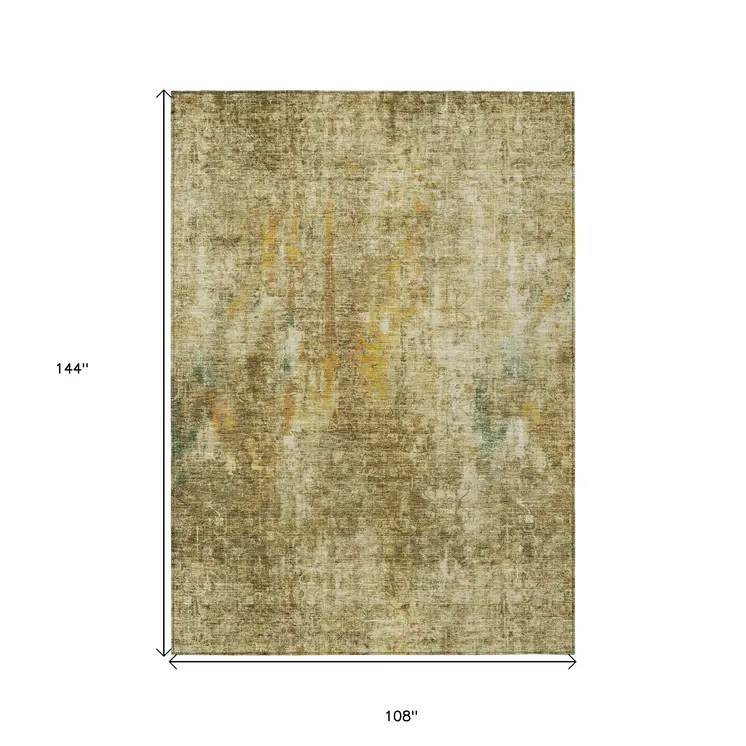 9' X 12' Brown Beige And Gold Abstract Washable Indoor Outdoor Area Rug