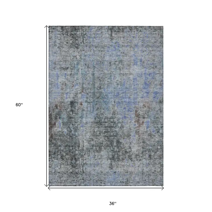 3' X 5' Gray Charcoal And Blue Abstract Washable Indoor Outdoor Area Rug