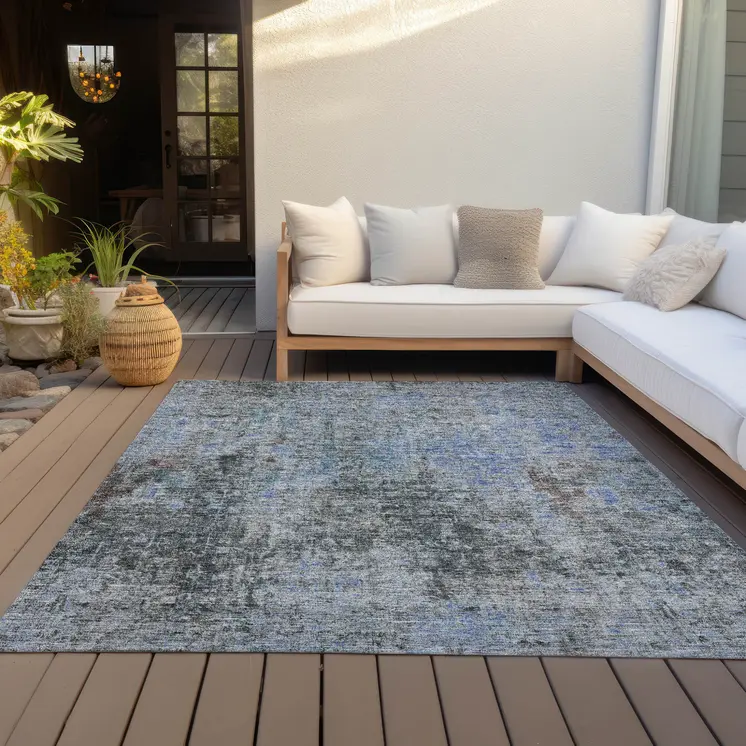 3' X 5' Gray Charcoal And Blue Abstract Washable Indoor Outdoor Area Rug
