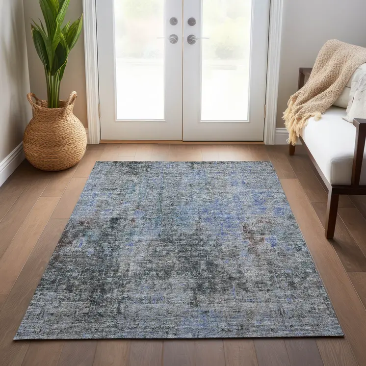 3' X 5' Gray Charcoal And Blue Abstract Washable Indoor Outdoor Area Rug