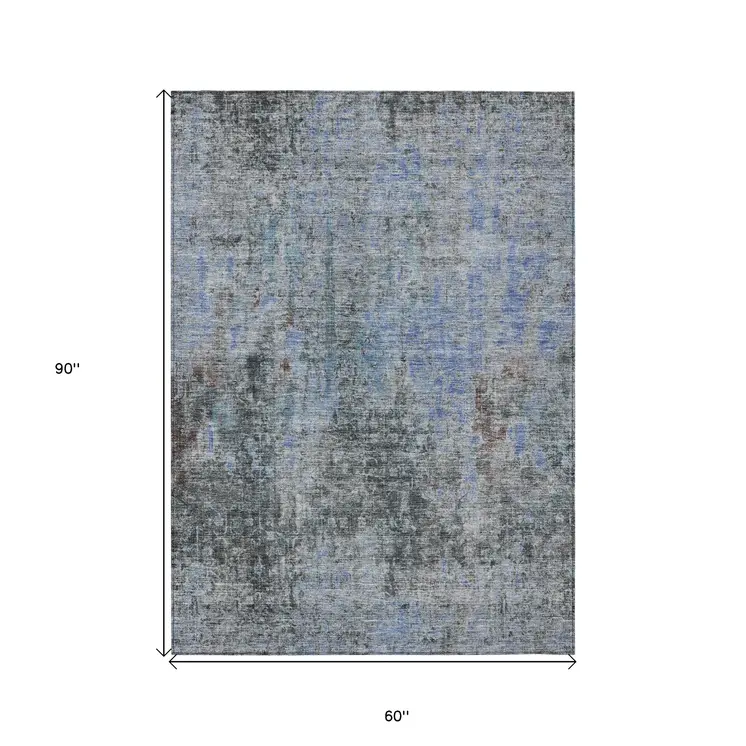 5' X 8' Gray Charcoal And Blue Abstract Washable Indoor Outdoor Area Rug