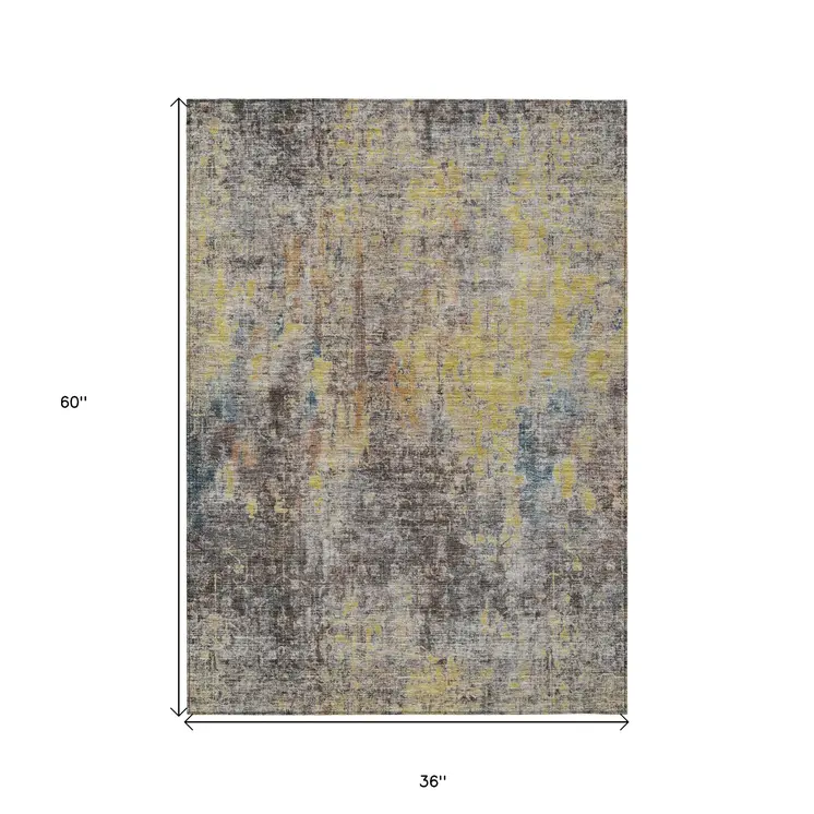 3' X 5' Brown And Gold Abstract Washable Indoor Outdoor Area Rug