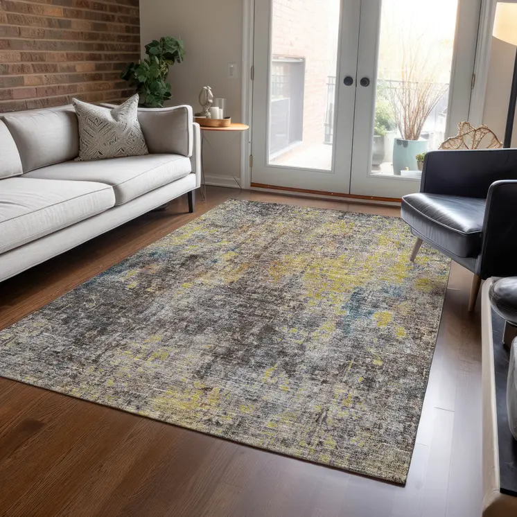 3' X 5' Brown And Gold Abstract Washable Indoor Outdoor Area Rug
