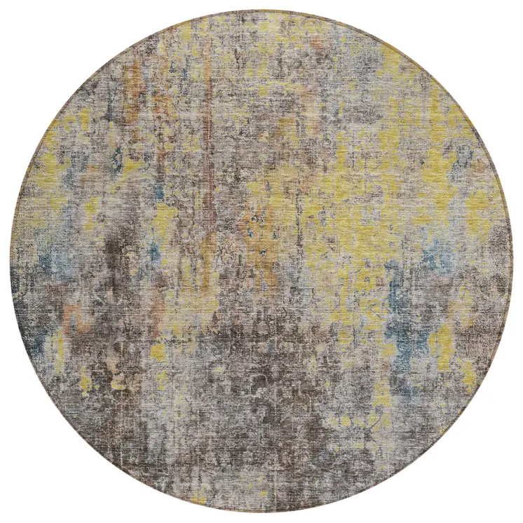 8' Brown And Gold Round Abstract Washable Indoor Outdoor Area Rug