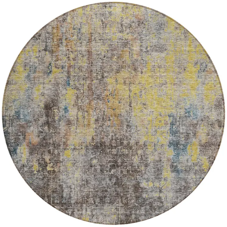 8' Brown And Gold Round Abstract Washable Indoor Outdoor Area Rug
