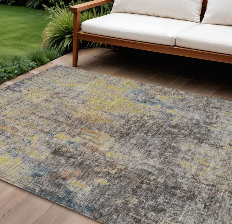 9' X 12' Brown And Gold Abstract Washable Indoor Outdoor Area Rug