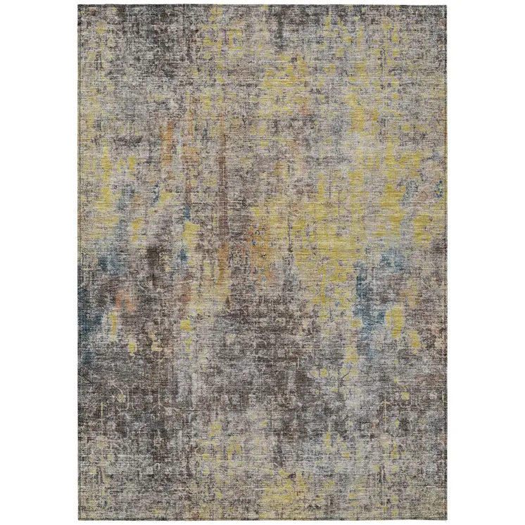9' X 12' Brown And Gold Abstract Washable Indoor Outdoor Area Rug