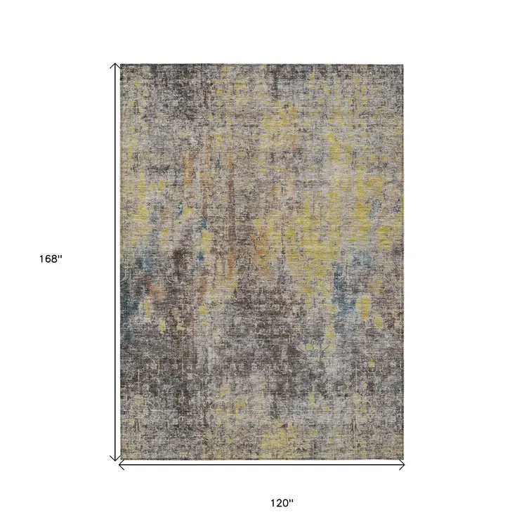 10' X 14' Brown And Gold Abstract Washable Indoor Outdoor Area Rug