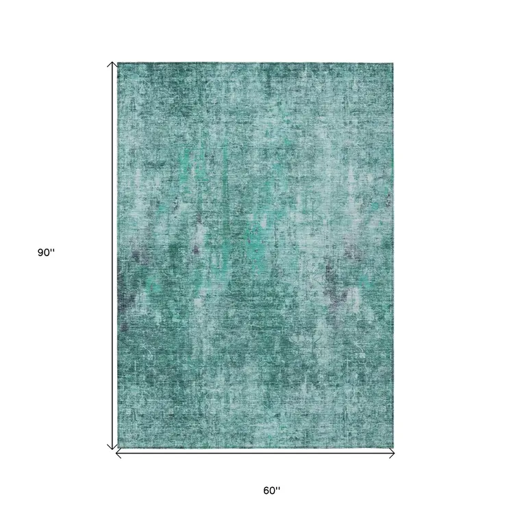 5' X 8' Teal Blue Green And Gray Abstract Washable Indoor Outdoor Area Rug