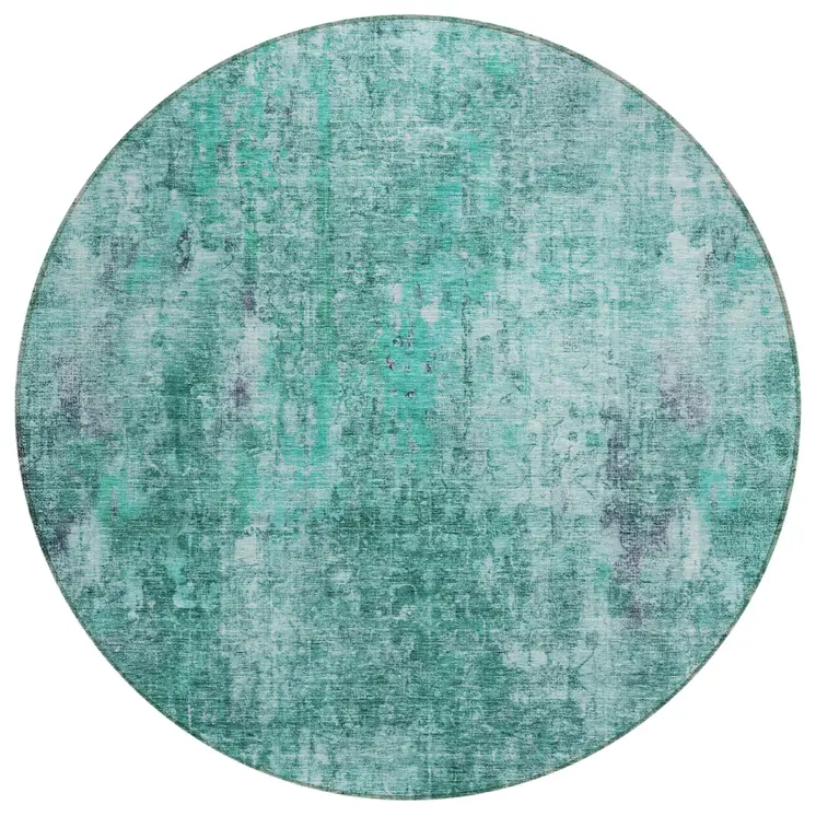 8' Teal Blue Green And Gray Round Abstract Washable Indoor Outdoor Area Rug