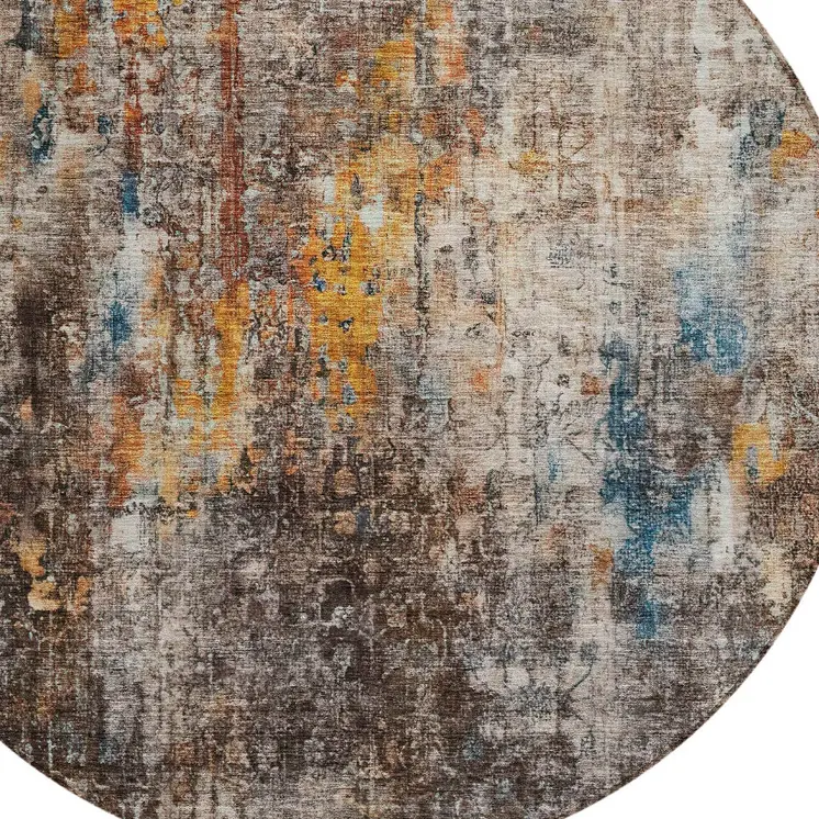8' Taupe Chocolate And Copper Round Abstract Washable Indoor Outdoor Area Rug