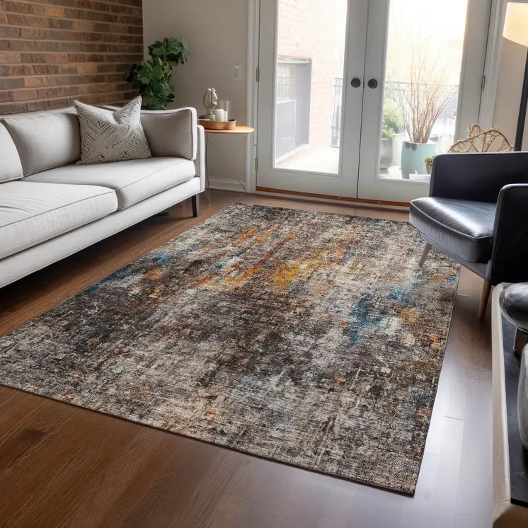 8' X 10' Taupe Chocolate And Copper Abstract Washable Indoor Outdoor Area Rug