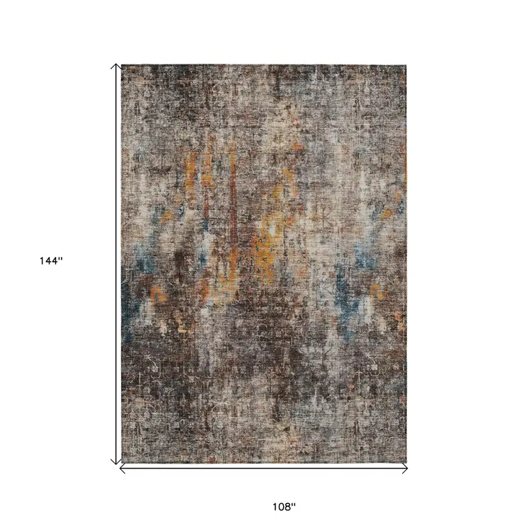 9' X 12' Taupe Chocolate And Copper Abstract Washable Indoor Outdoor Area Rug