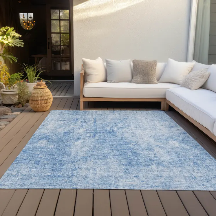 8' X 10' Denim Blue And Ivory Abstract Washable Indoor Outdoor Area Rug