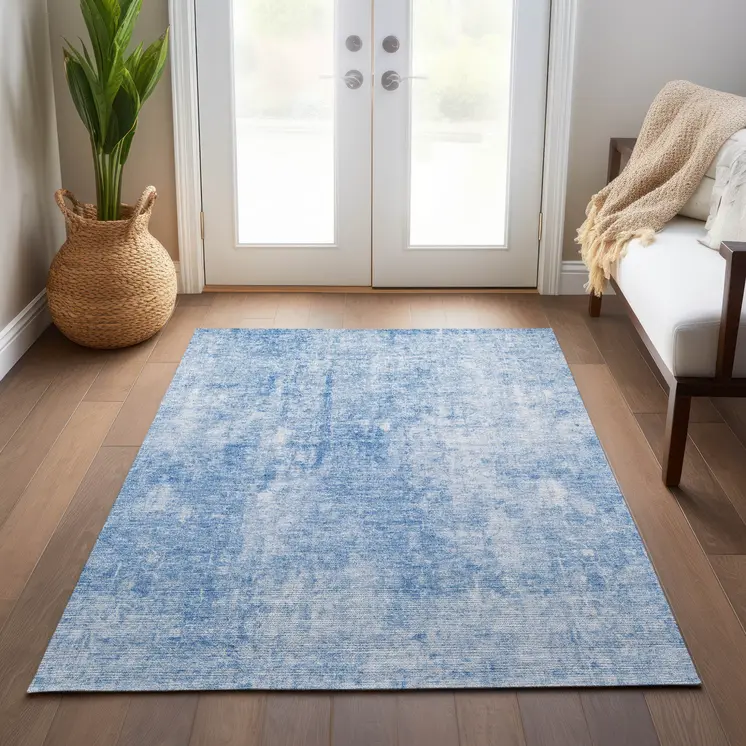 8' X 10' Denim Blue And Ivory Abstract Washable Indoor Outdoor Area Rug