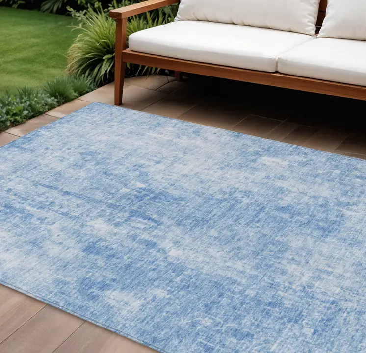 9' X 12' Denim Blue And Ivory Abstract Washable Indoor Outdoor Area Rug