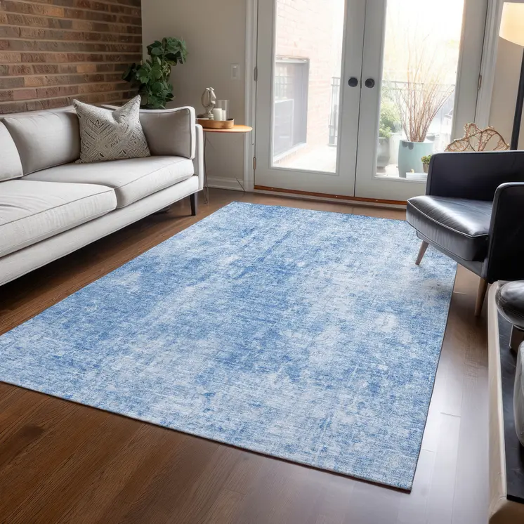 9' X 12' Denim Blue And Ivory Abstract Washable Indoor Outdoor Area Rug