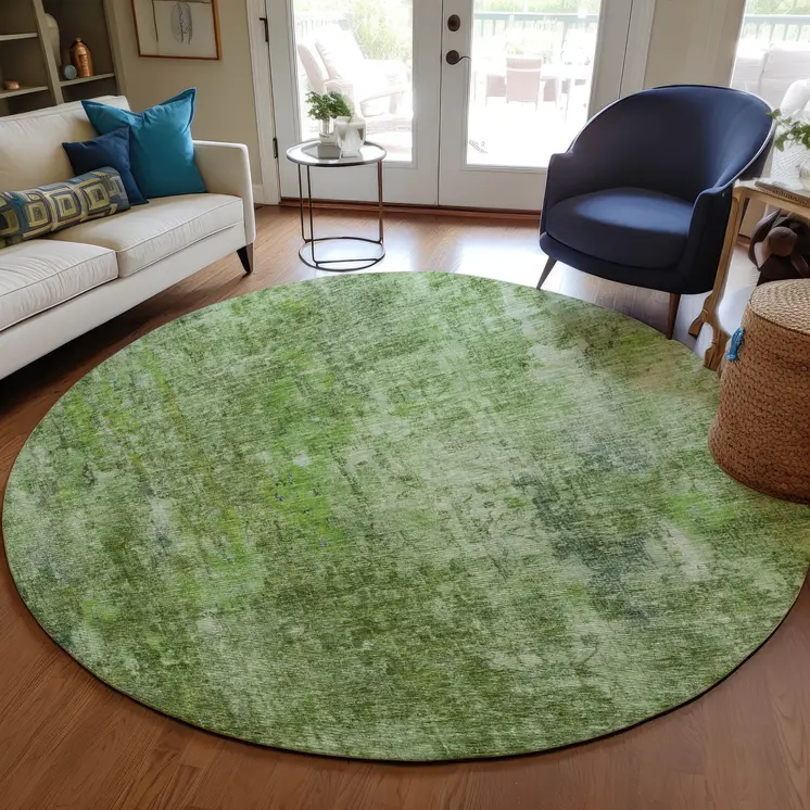 8' Olive Green And Artichoke Green Round Abstract Washable Indoor Outdoor Area Rug