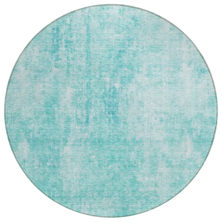 8' Teal Blue And Ivory Round Abstract Washable Indoor Outdoor Area Rug