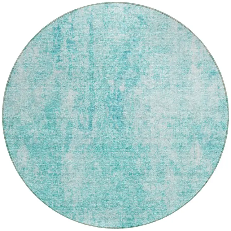 8' Teal Blue And Ivory Round Abstract Washable Indoor Outdoor Area Rug