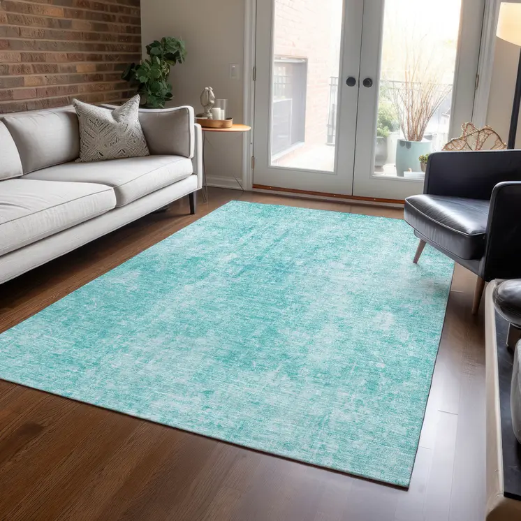 10' X 14' Teal Blue And Ivory Abstract Washable Indoor Outdoor Area Rug