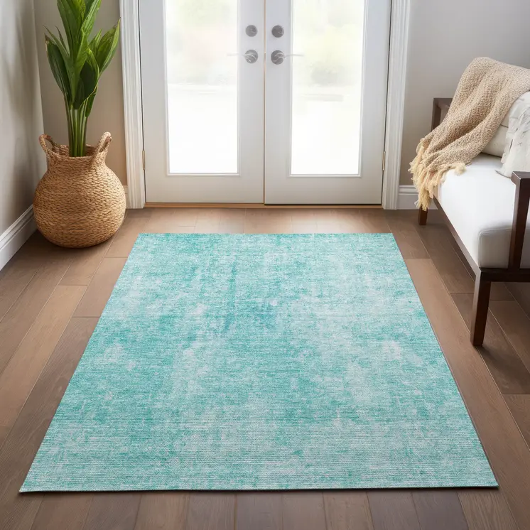 10' X 14' Teal Blue And Ivory Abstract Washable Indoor Outdoor Area Rug