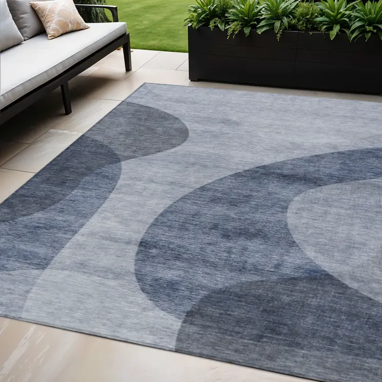 5' X 8' Denim Blue And Sky Blue Abstract Washable Indoor Outdoor Area Rug